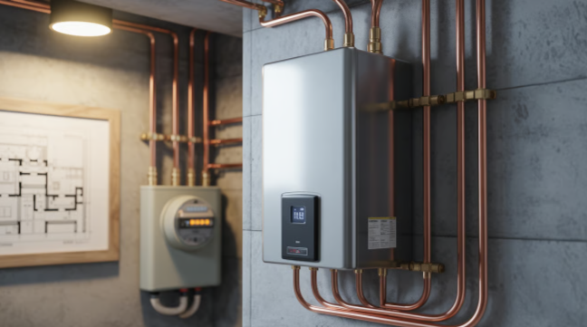 Tankless Water Heater Pros: Installation, Maintenance, and Benefits Explored 1 A tankless water heater mounted on a wall
